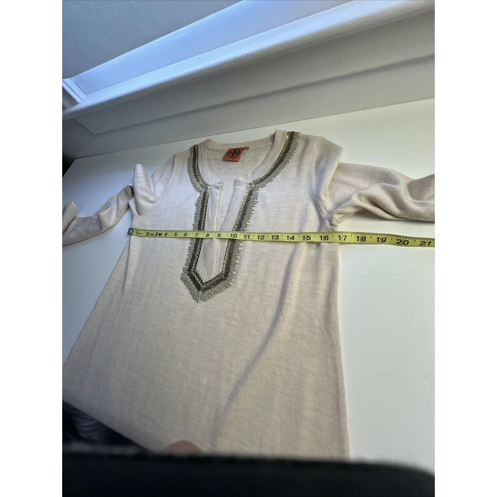 Tory Burch Dove Tunic Cream Merino‎ Wool Beaded Sweater M Preppy